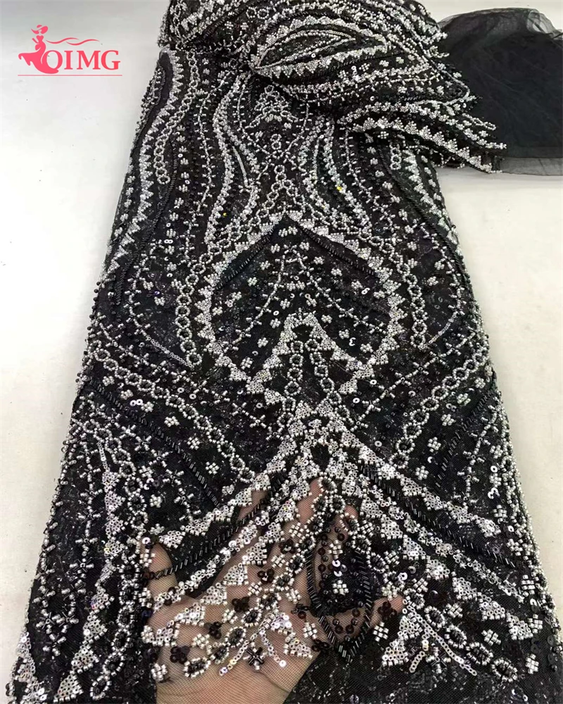 OIMG Luxury African Lace Fabric 2024 High Quality Sequins Beads Lace Fabrics For Nigerian Wedding French Tulle Lace Fabric