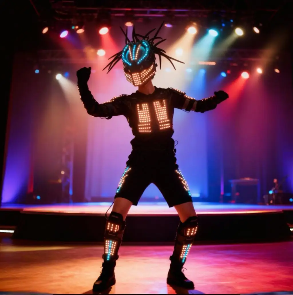 

Светодиодный сценический костюм робота для мужчин и женщин, светящаяся доспехи, шлем для светового шоу, ночной клуб, бар, танцевальная вечеринка, светящийся наряд