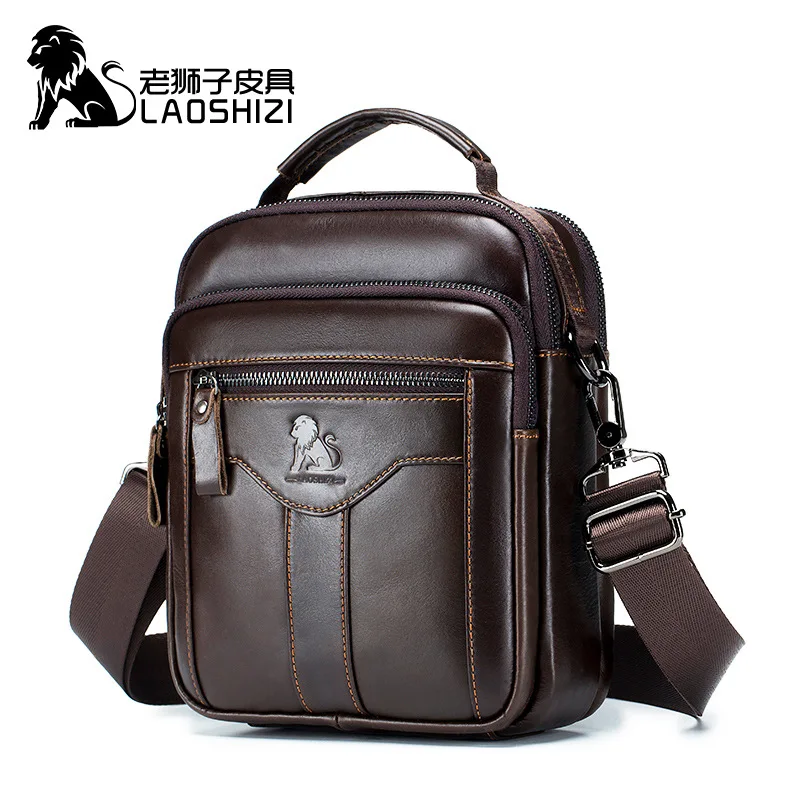 LAOSHIZI-Bolso cruzado de cuero genuino para hombre, bandolera de hombro Retro a la moda, de lujo, 100%