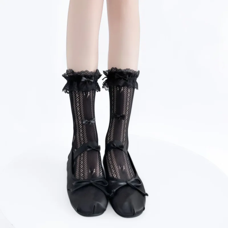 Cute Sweet Girls Ballet Aesthetic Slouch Calf Socks Ornate With Three Charming Bowknots And Fine Lace Trim Soft Comft Stockings