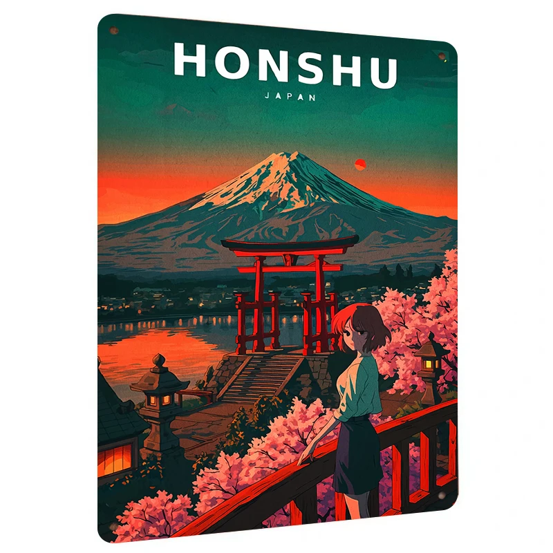HONSHU Japón Fuji montaña Torii puerta Sakura paisaje Metal estaño cartel arte de la pared Decoración para sala de estar decoración del hogar