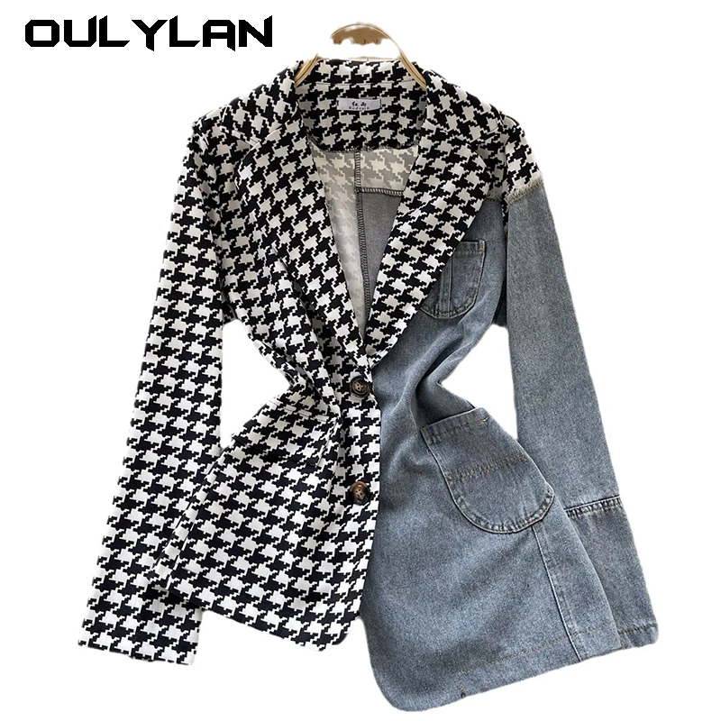 

Oulylan Vintage Patchwork Denim Blazer Women Spring Autumn Notched Long Sleeve Asymmetrical Jacket Office Lady Coat