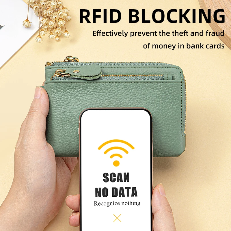 Genuine Leather Women Coin Zipper Pocket Mini RFID Blocking Wallet with cash Card Slots Zipper Around Wristlet Keychain