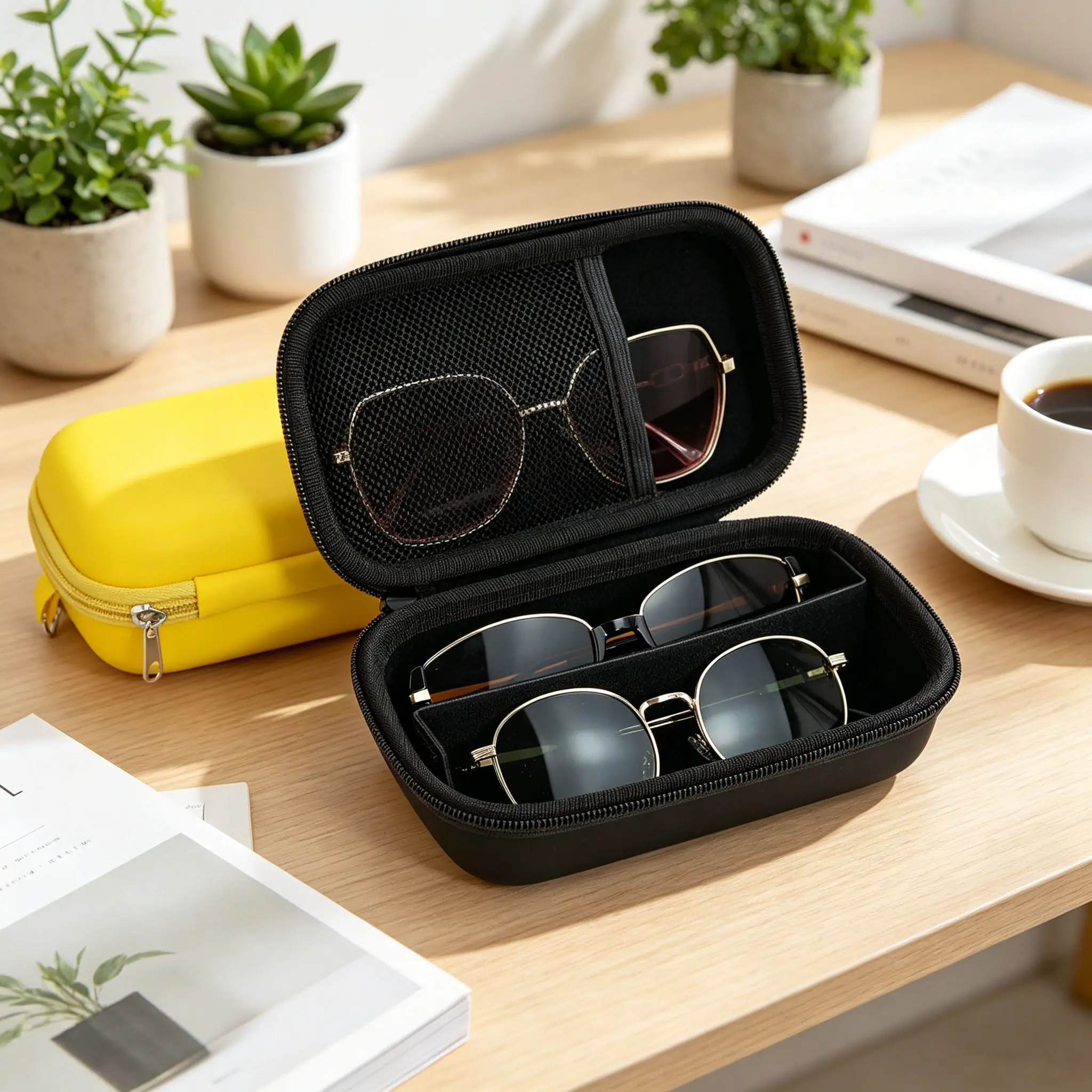 Lightweight hard EVA glasses case with zipper, drop-proof and waterproof, can hold 2-3 sunglasses, with 2-3 compartments