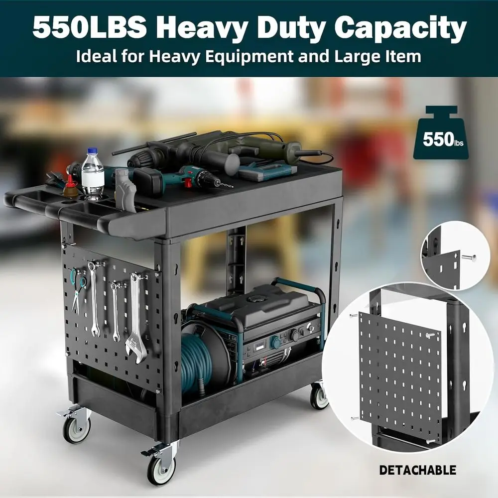 Sturdy 2-Tier Utility Cart with Hanging Board, 39x17, 550 lbs Capacity, Swivel Wheels, Ideal for Workshops and Garages