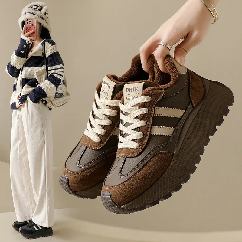 

Women's Winter Fleece Lined Running Casual Shoes Thick Bottom Heightening Sporty round Toe Flat Heel PU Leather Upper