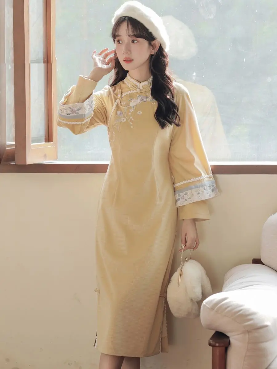 Long Sleeved Winter Cheongsam Hanfu Elegant Thickening Daily Sweet Cute Girl Chinese Dress Qipao for Women