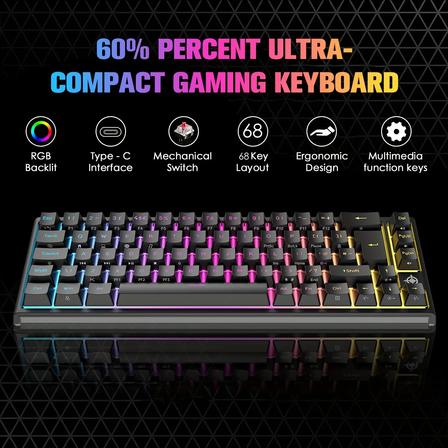 60% механическая мини-клавиатура, проводная игровая клавиатура с RGB-подсветкой хрома, кистевой красный переключатель