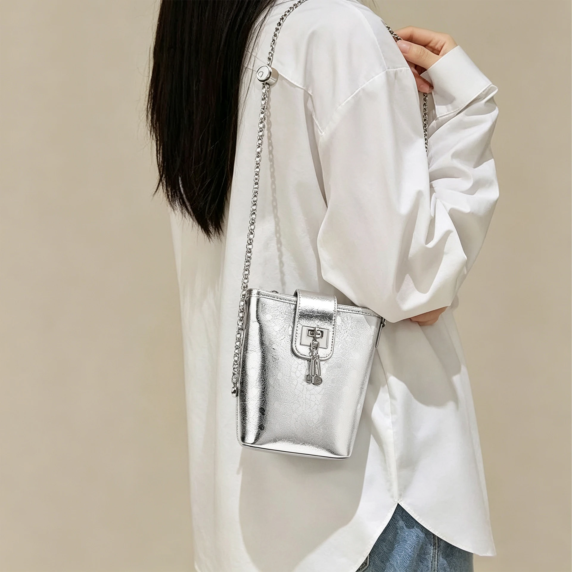 FOXER Silver Mini Cellphone Bag for Women Metallic Genuine Leather Crossbody Bag Chain Strap Lock Design Ladies Shoulder Purse