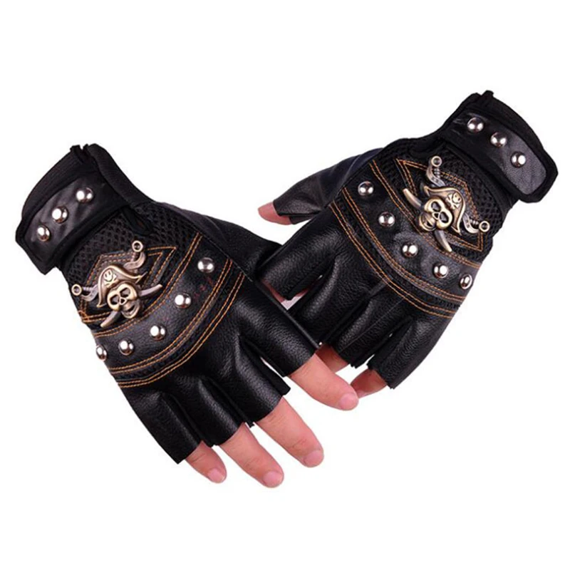 Men Punk Motorcycle Gloves Summer Spring Rivet Pirate Skull Street Dance Breathable Half Finger Anti-slip PU Leather Gloves