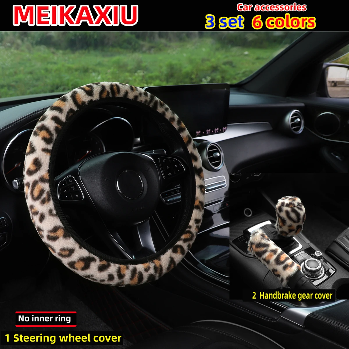 3-teiliges Set aus weichen, leopardenmusternden Lenkradbezügen ohne Felgen, Handbremsenabdeckung und Schalthebelabdeckung, Auto-Dekoration für Frauen – Detail 7