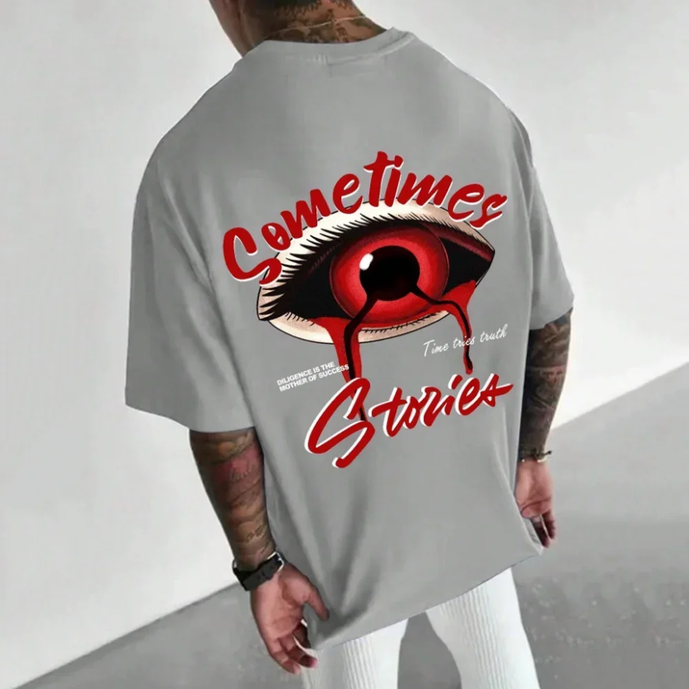 2024 New Hip Hop Loose Fashion Men's T-shirt Oversized Retro Casual Street Eye Lip Pattern Gothic Clothing Minimalist Top