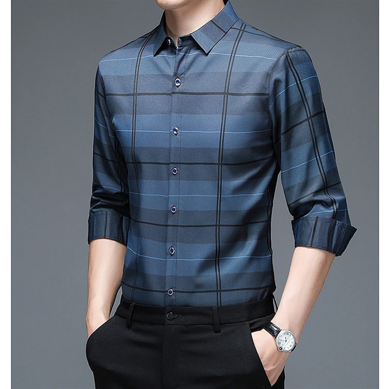 2023Spring Autumn Men Plaid Print Lapel Single Breasted Shirts Korean Fashion Long Sleeve Tops Business Casual Camisas De Hombre