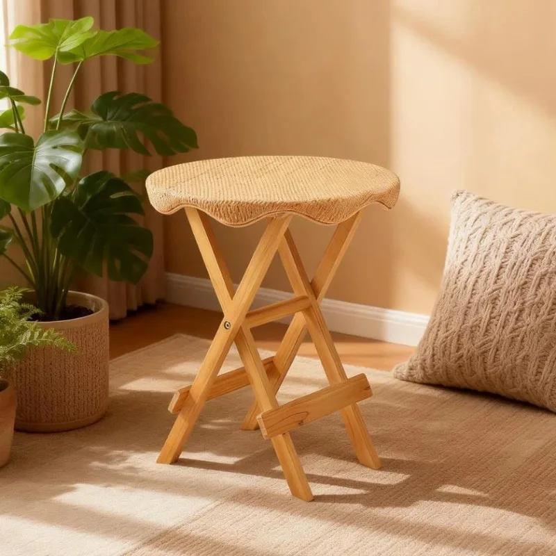 Round Solid Wood Folding Side Table Rattan Tabletop Coffee Tables Compact  Balcony Accent Table for Small Space Patio Furniture