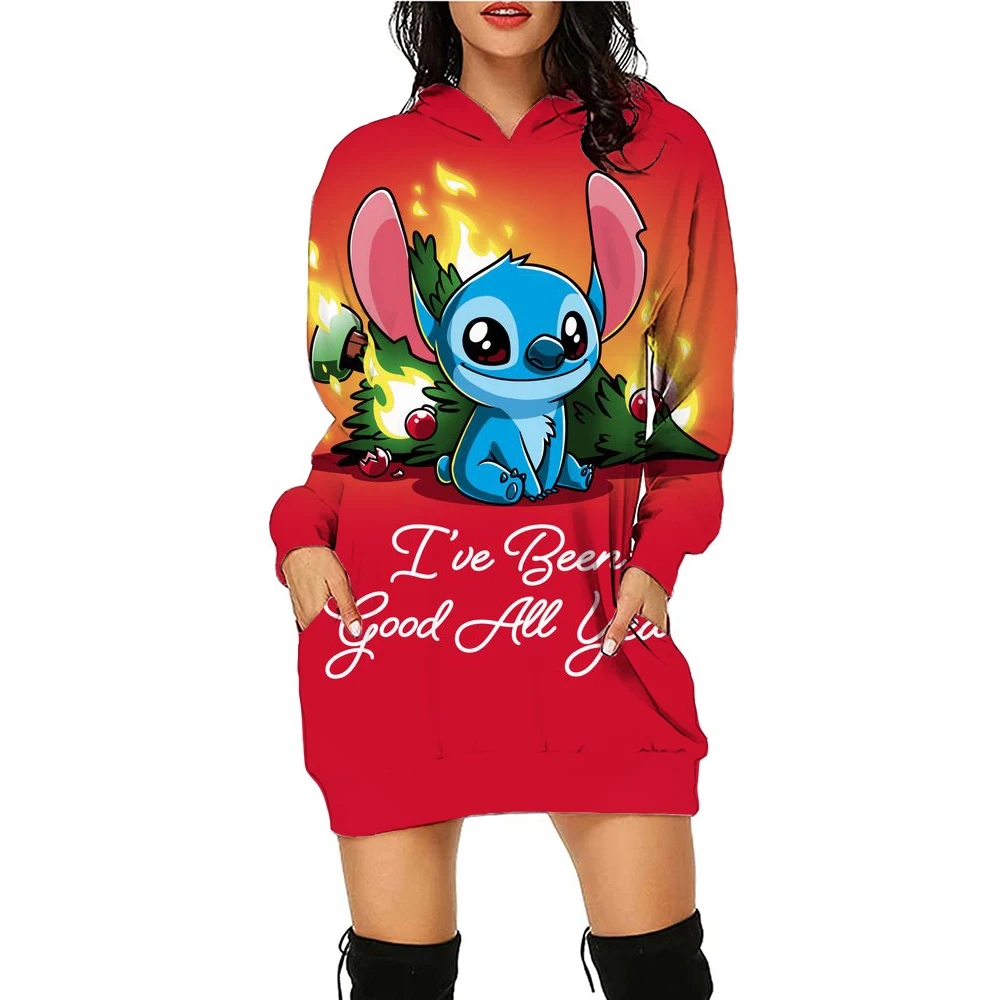 Disney Stitch Kawaii Women\'s Hoodies Dress Ladies Fashion High Quality 2024 Streetwear Youthful Woman Christmas Clothes Pullover