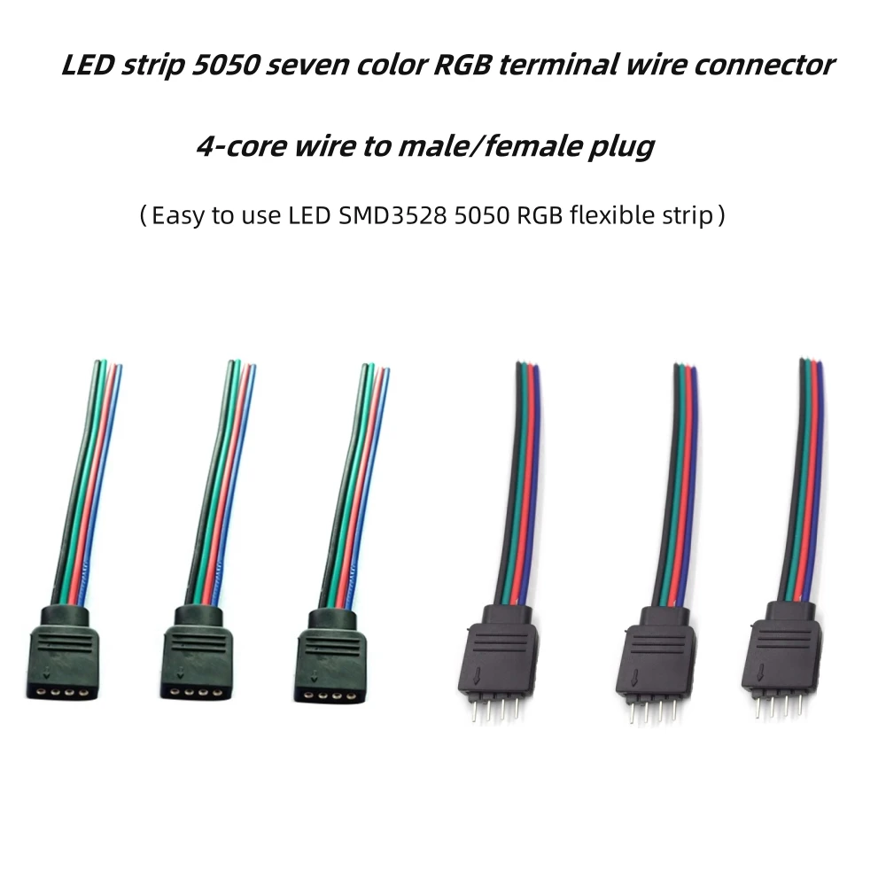 4-pin male and female RGB connectors, wire and cable adapters for LED light strips, suitable for 3528 5050 SMD LED light strips