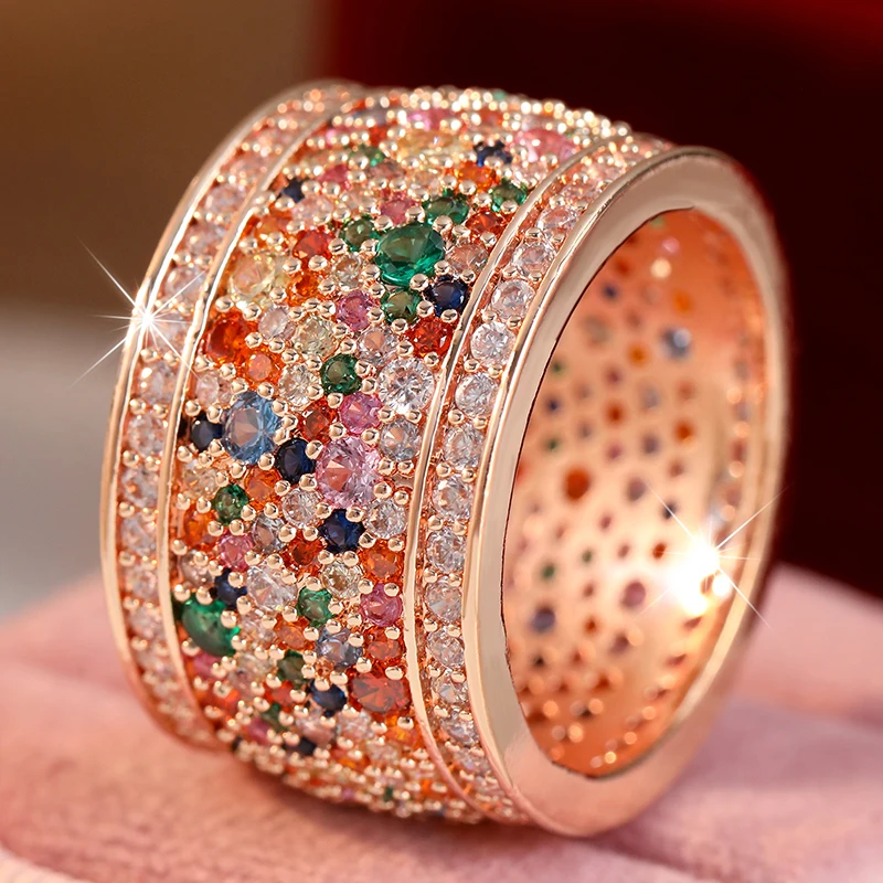 Luxuriöser, mit mehrfarbigen CZ-Steinen besetzter Damenring, glänzende goldene Farbe, geometrisch, für den täglichen Gebrauch, Partyschmuck, Jubiläumsgeschenk – Detail 3