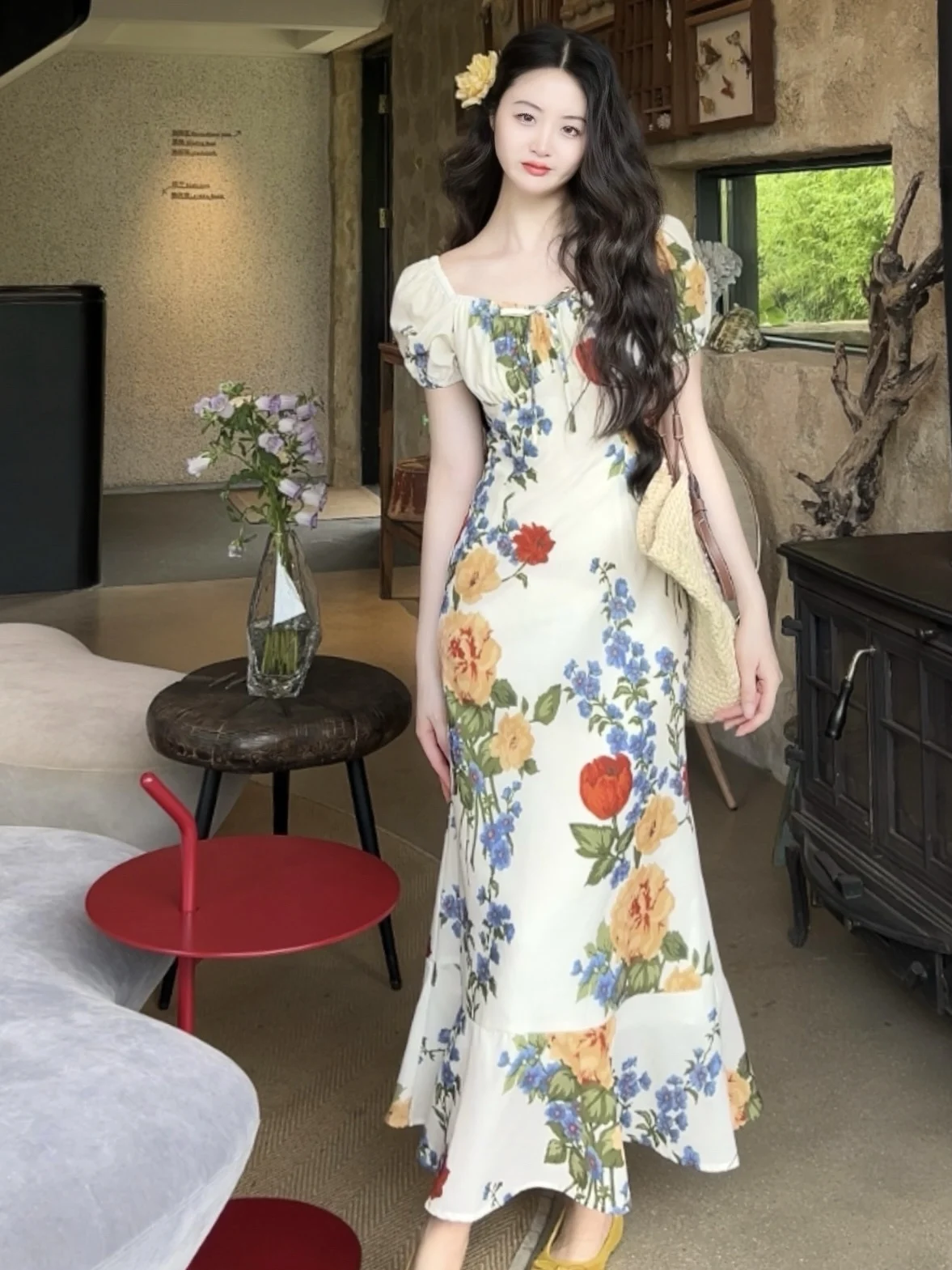 

Joey Large Flower Skirt White Baund French Sle High Waist Polyester Fi Tail Dr Women's Summer ort Sve Square...