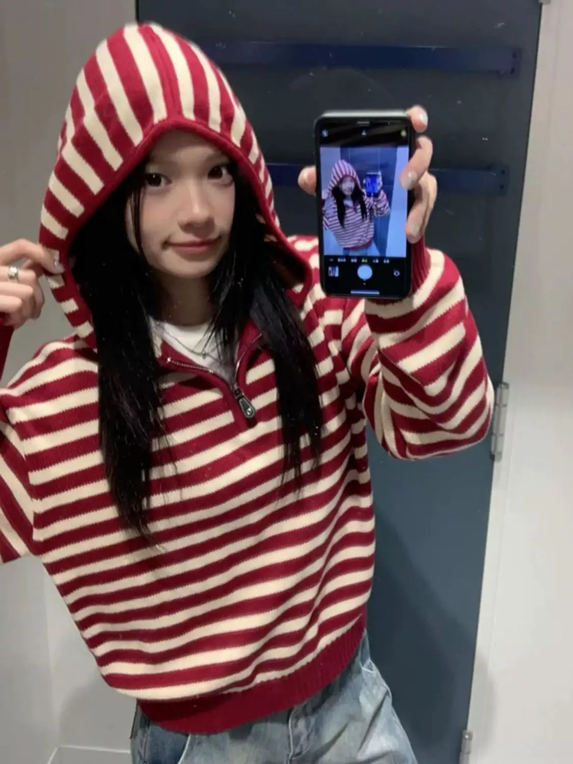 

Sweet Pullover Sweaters Women 2025 Autumn New Retro Contrasting Color Striped Half Open Neck Zipper Hooded Knitted Top