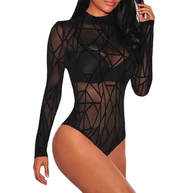 

Sexy Bodysuit Mesh Patchwork Striped See-Through Long Sleeve Mock Neck Jumpsuit Women Swimsuit Tight Black Romper Y2k Bodysuit