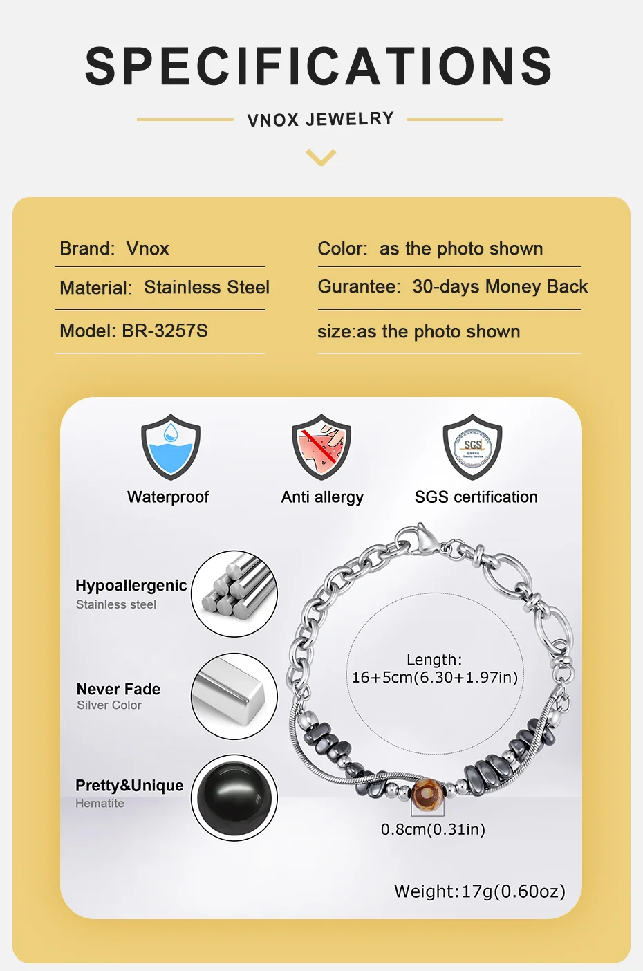 Vnox Herren-Doppelschicht-Armband, Edelstahl-Hämatit-Perlenkette, Verstellbarer Armschmuck, Geschenk für Ihn, Alltagsschmuck – Detail 4