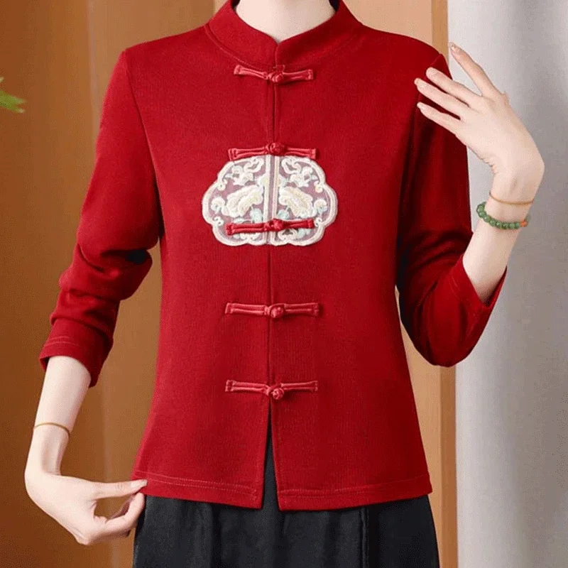 New Summer Chinese Style Loose Casual High Waist Women's Clothing Office Lady Solid Embroidery O Neck Long Sleeve Chic Tops B402