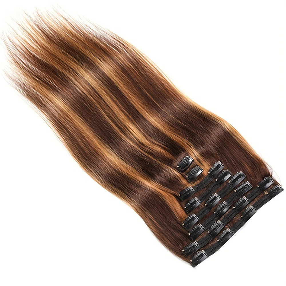 P4/27 Highlight Straight Hair Piece Human Hair Clip In Hair Extensions 8Pcs For Women 20Clips 120g Brazilian Clip Ins 10-26 Inch