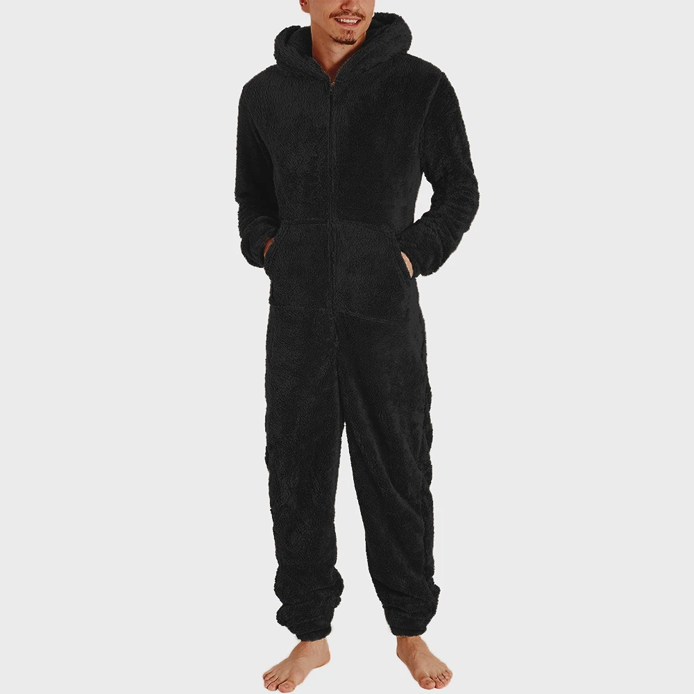 Men New Warm Hooded Pajamas Winter Adult Casual Jumpsuits Couple Zipper Warm Fleece Slim Sleepwear One-Piece Sleep Lounge Pajama