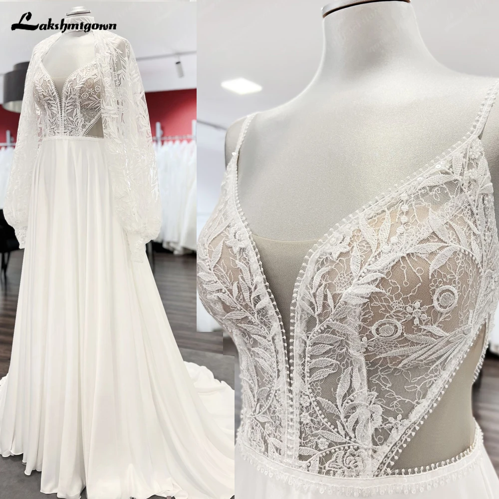 Lakshmigown Bohemian Boho Wedding Dress with Dectachable Long Sleeves V Neck 2025 Backless Bridal Gown trouwjurk abito da sposa