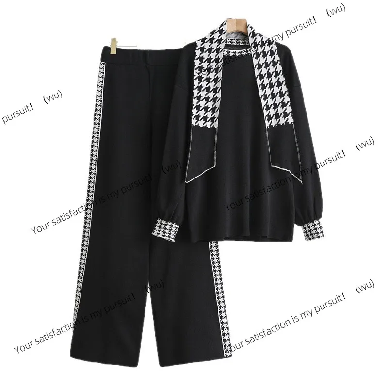 Setelan rajutan musim gugur dan musim dingin bergaya Eropa dan Amerika, atasan rajutan berpinggang tinggi yang elegan, celana lebar dengan ribuan pilihan.