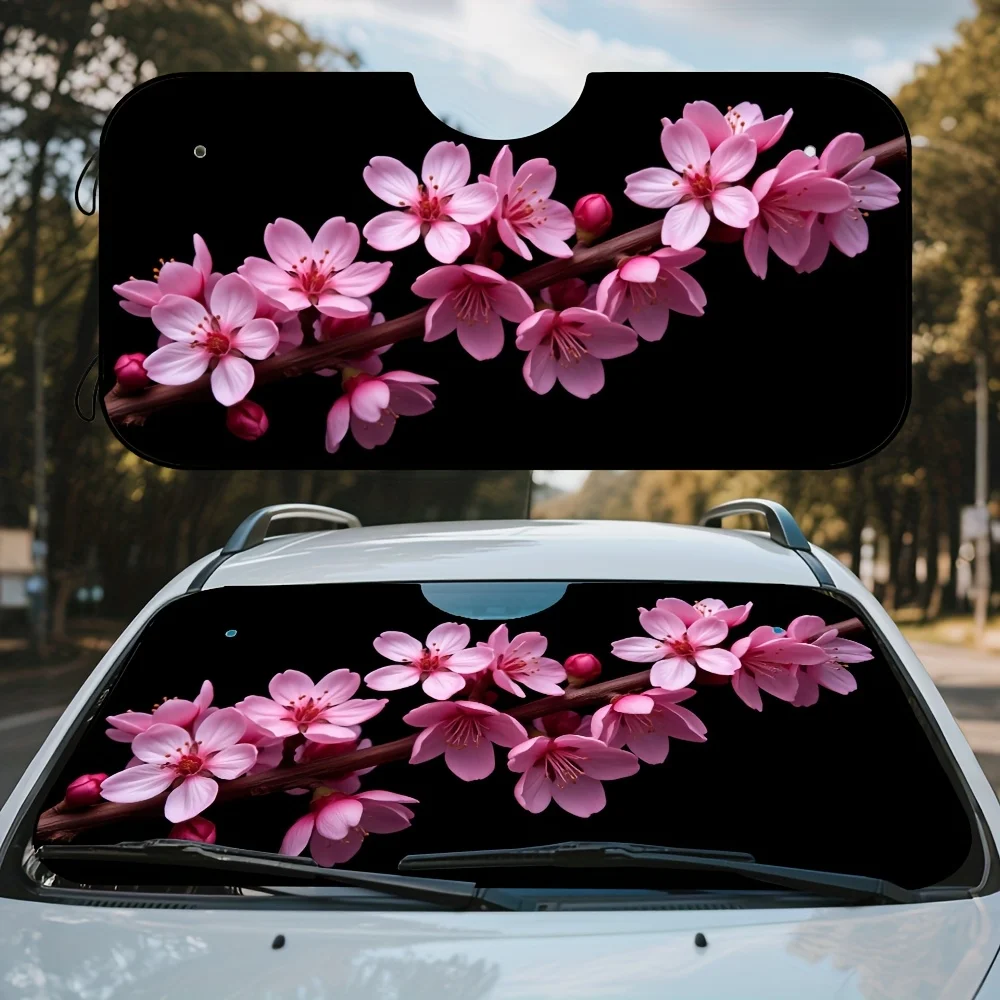 1pc, Pink Cherry Blossom Branch Print Car Windshield Sun Shade, Foldable Sun Visor, Keeps Vehicle Interior Cool, Perfect For Dai