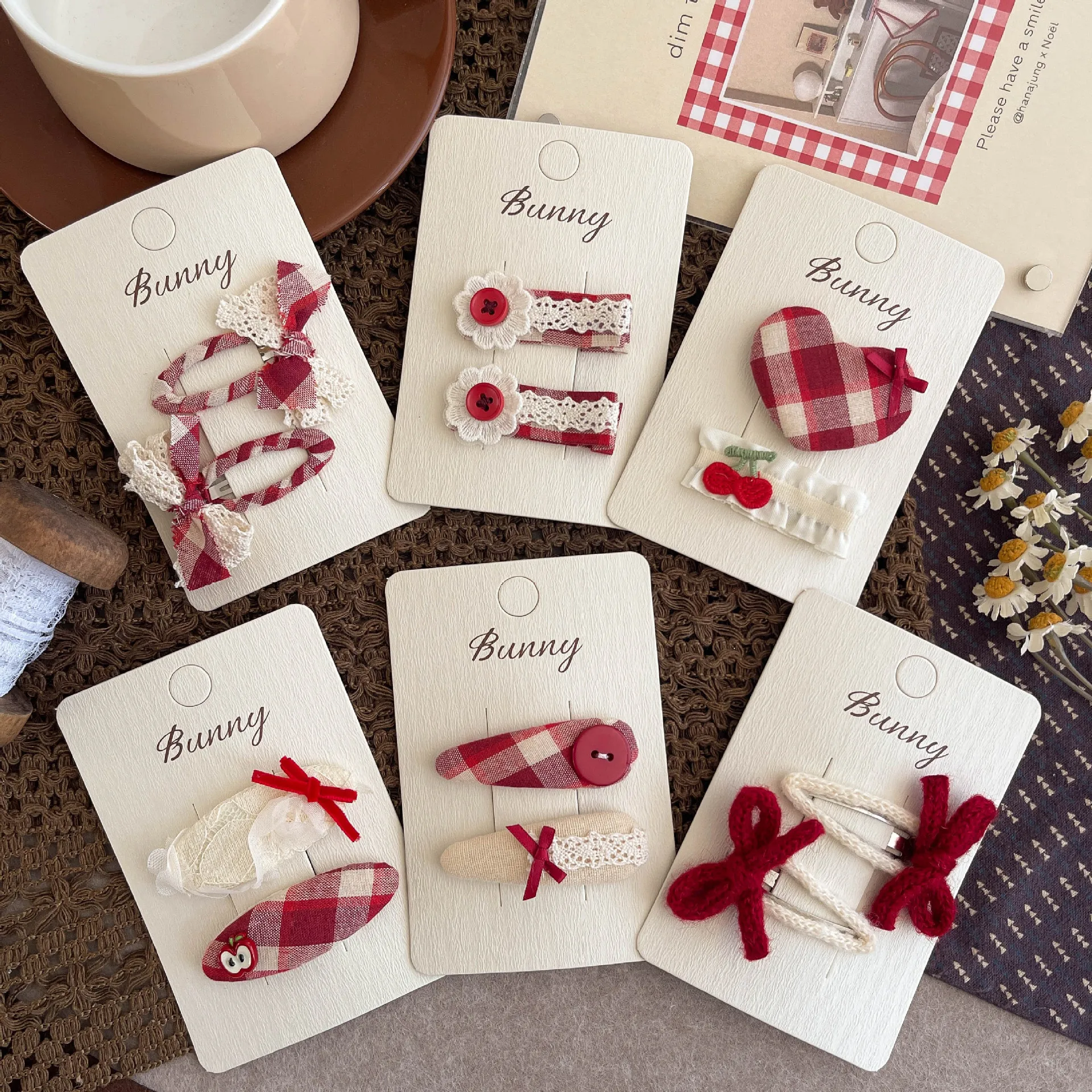 

2pcs/set Plaid Hair Clip Red Bow Love Hairpin Lace Barrettes Children's Bangs Side Clip Kid Girl Hair Accessories Christmas Gift