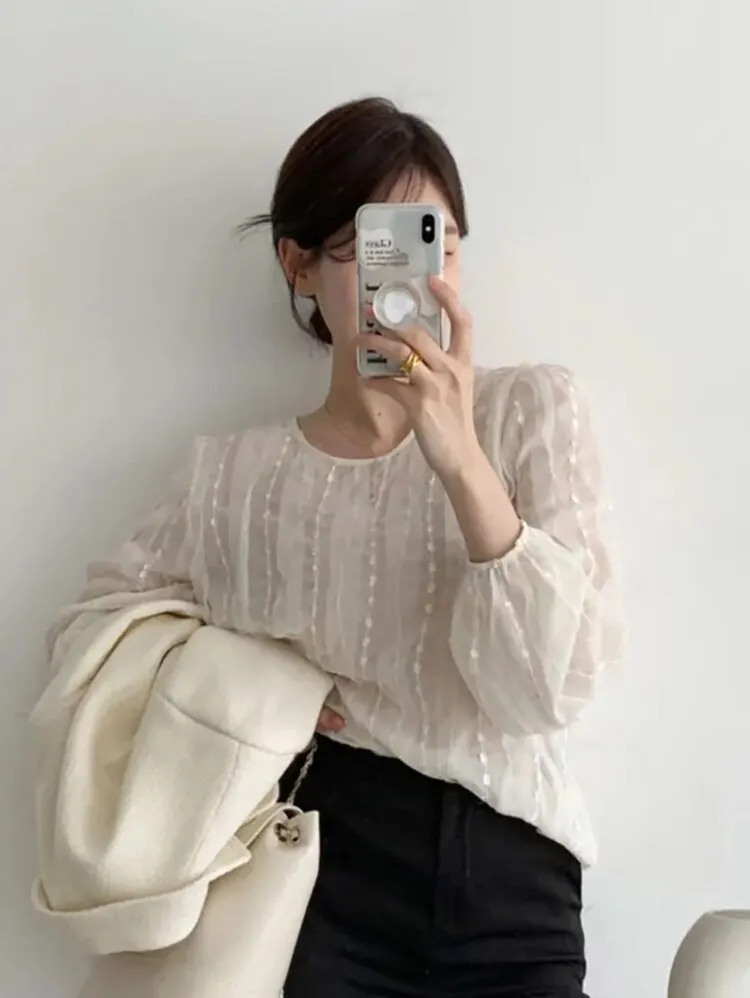 e Lace Trim See tough Polka Dot Lantern Sve Thin irt Women Summer Unique Beautiful Fairy like Top Commute Sle...