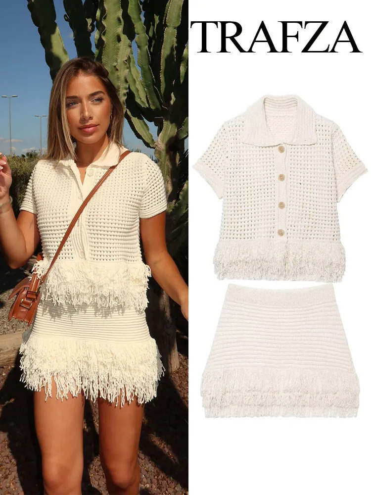 

TRAFZA Women Mini Skirts Set Short Sleeve Lapel Single-breasted Fringe Decorate Tops+A-Line High Waist Skirt Women Knitted Suits