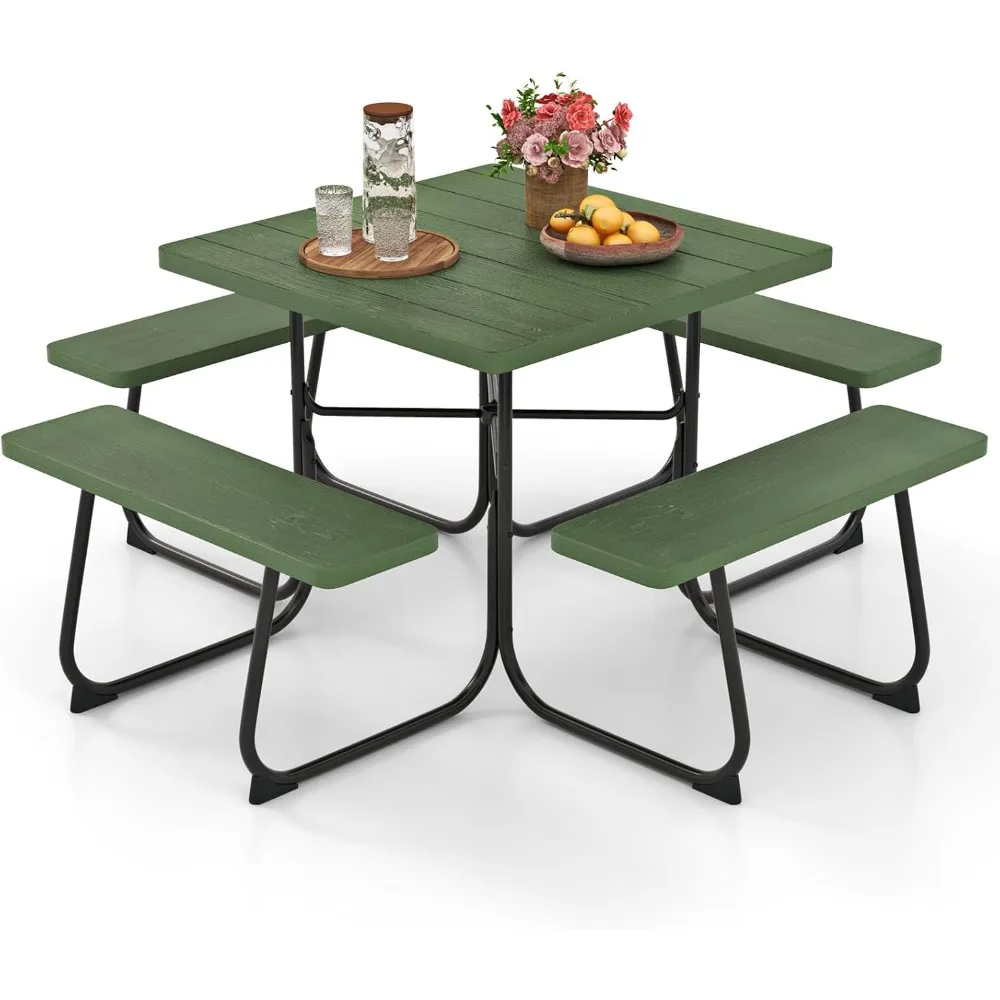 

"Durable 4-8 Seater Outdoor Picnic Table with Benches and Umbrella Hole, Made of High-Density Polyethylene and Strong Metal"