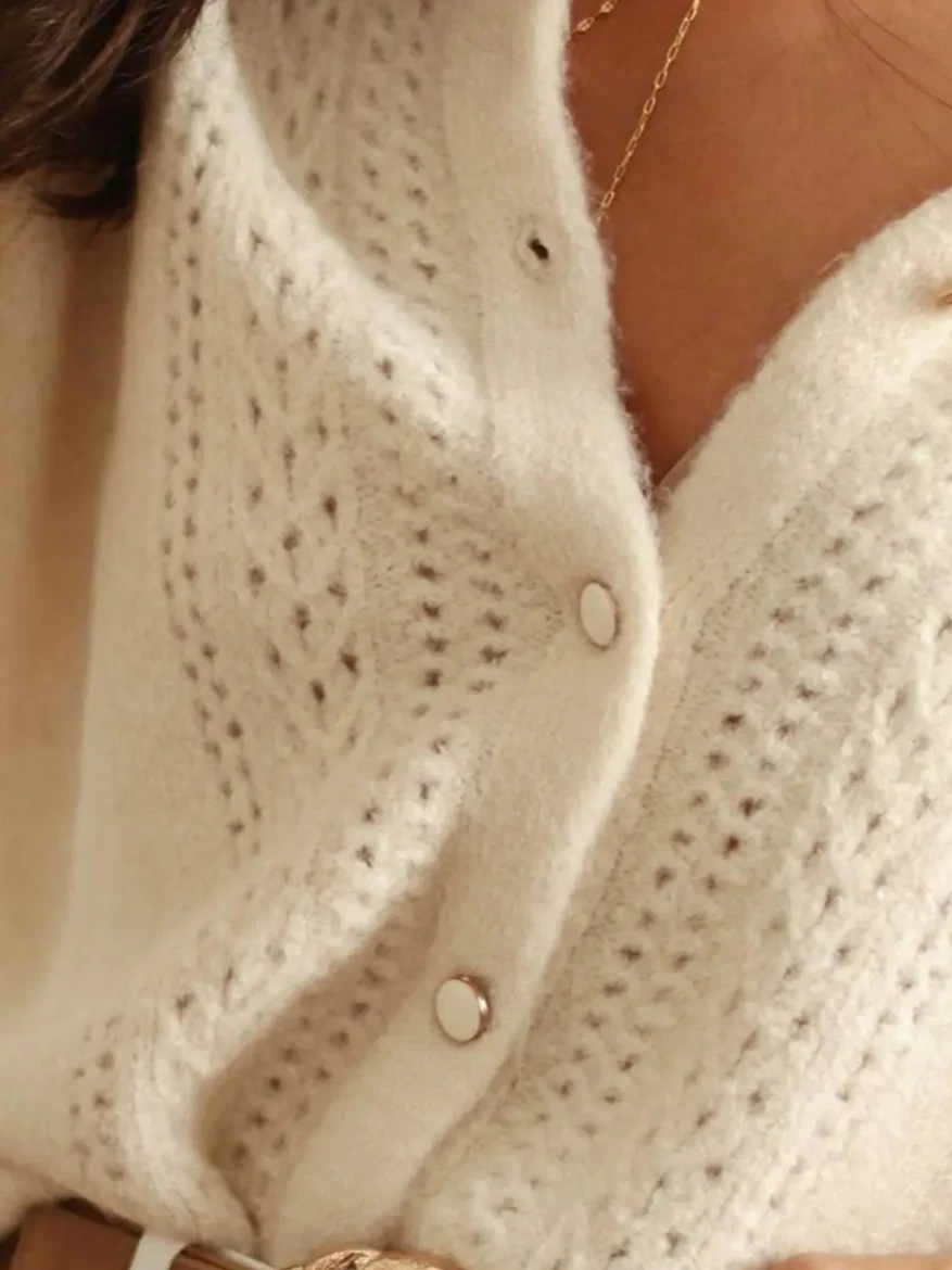 

Women's Knitted Open Cardigan, Hook Lace, Hollow, Long Sleeve, Elegant, Pure Color