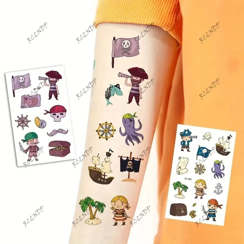 12pcs Waterproof Temporary Tattoo Sticker Marine Skull Crew Treasure Pirate Ship Fake Tatto Flash Tatoo Tato for Girl Women Men