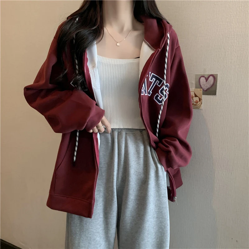 

Ретро-кардиган в американском стиле на молнии, тонкая толстовка с длинными рукавами, женская свободная толстовка с капюшоном для весны и осени, в университетском стиле