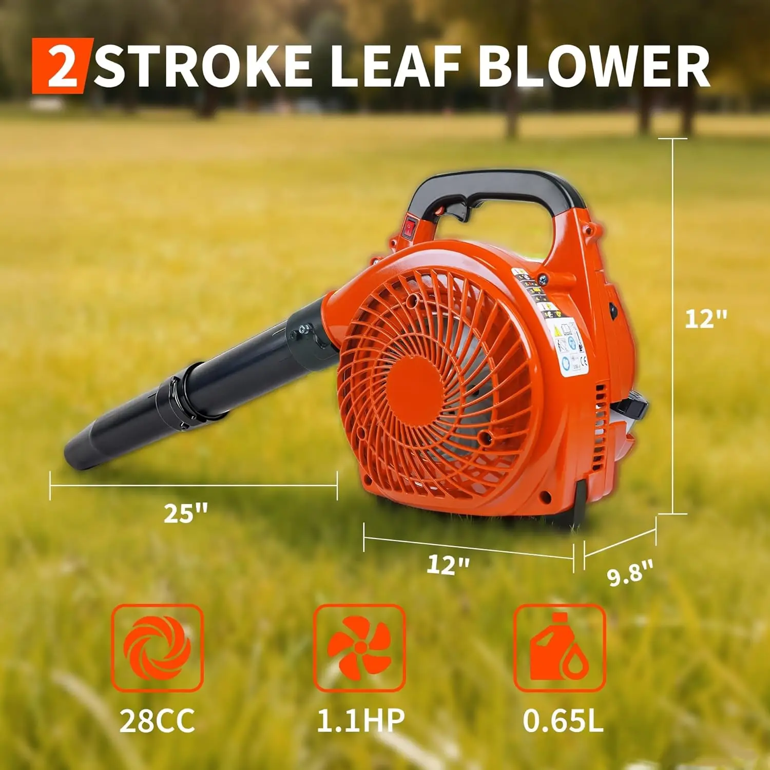28CC 2-Stroke Gas Leaf Blower, 490CFM Powerful 280 MPH Handheld Gas-Powered Leaf Blower for Lawn Care with 160-Minute Endurance