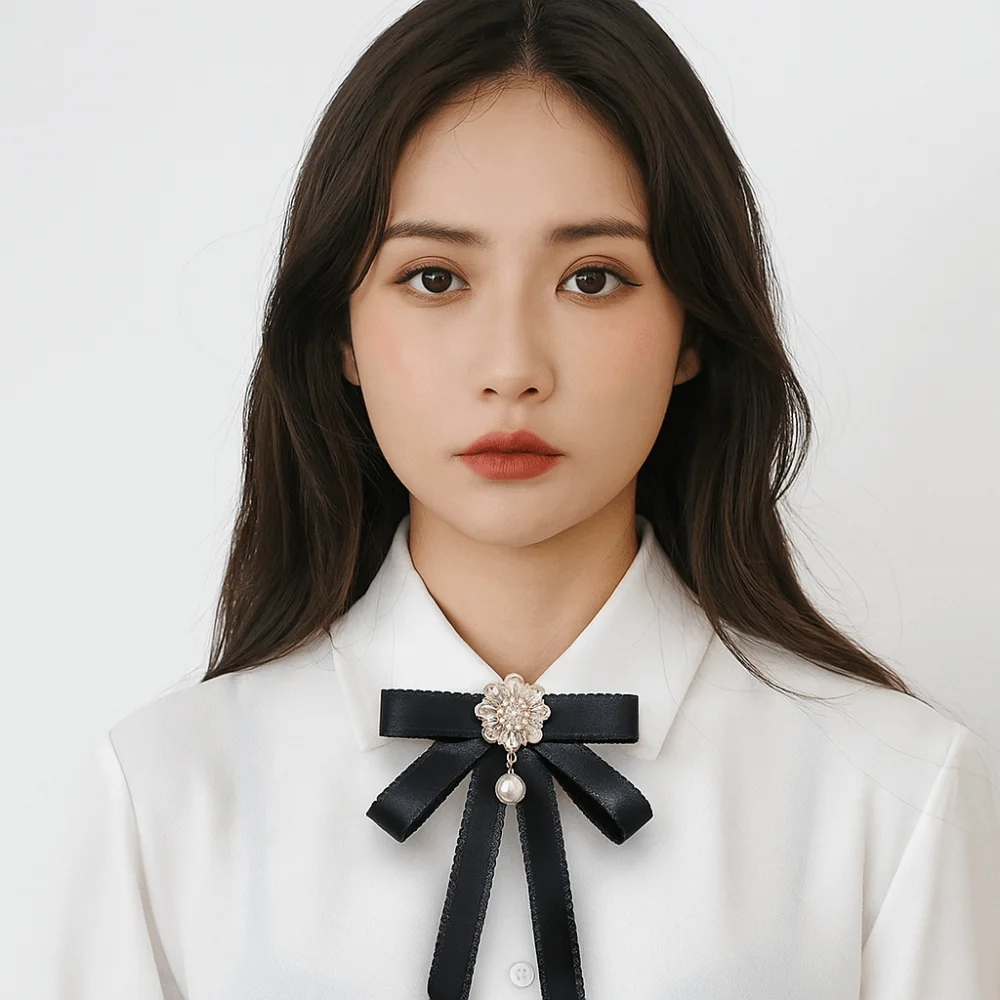 Elegant Solid Color Black Ribbon Pin Pearl Multi-layer Black Bow Necktie Lolita Rhinestones Ribbon Badge Brooch Men