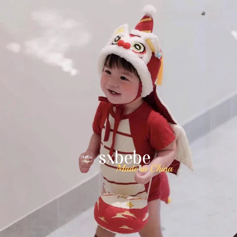 

Baby Red Dragon Romper 4PCS Red Summer Short Sleeve Bodysuit Korean Festival Party Cartoon Outfit Infant Photo Shoot Costume