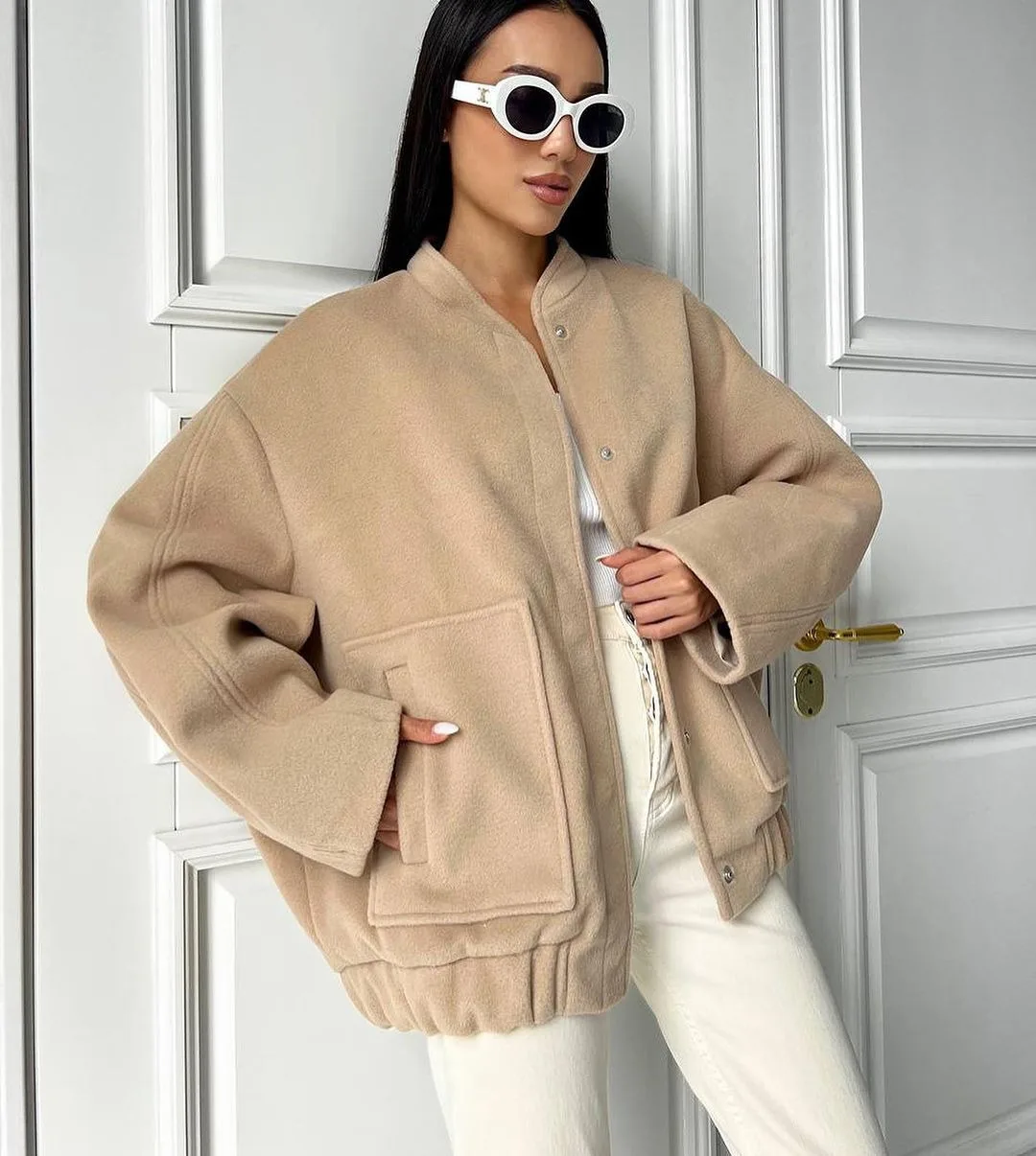 

Свободная куртка однотонного цвета с воротником-стойкой и большими карманами, женская короткая верхняя одежда, удобное дышащее осеннее пальто