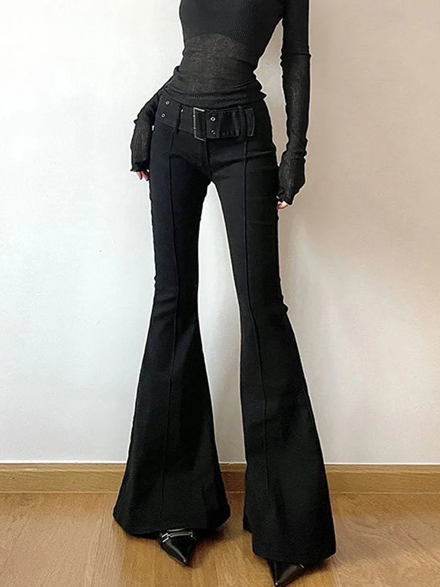 

Расклешенные брюки с низкой талией, женские утягивающие брюки с поясом, повседневные джинсы длиной до пола, корейские джинсовые брюки