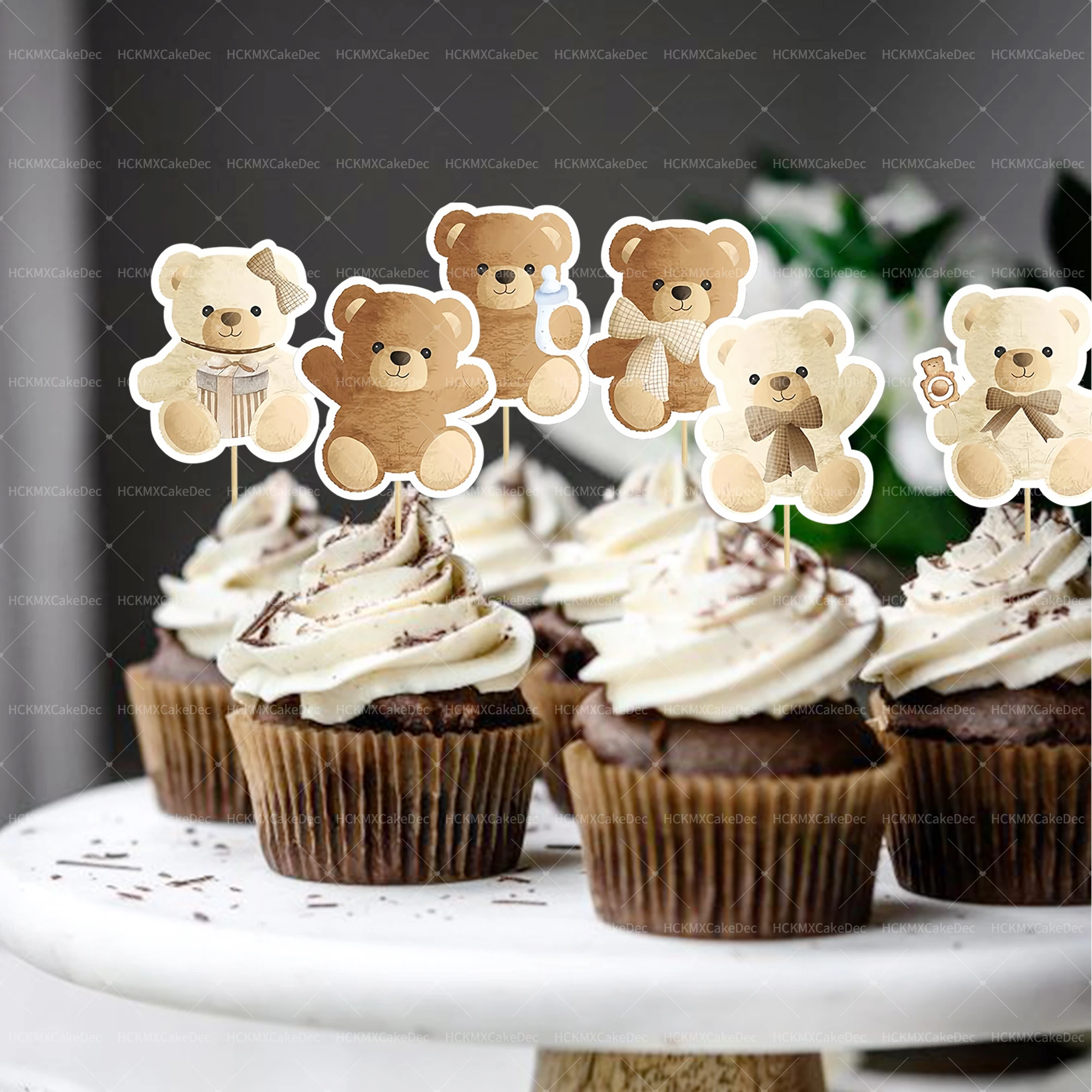 8 uds/24 Uds TCarton oso Cupcake Toppers lindo oso marrón decoración de pasteles Baby Shower niños decoración de pastel de cumpleaños