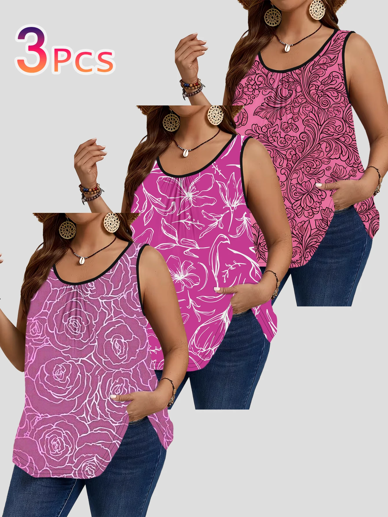 3-Piece Set of Plus-Size Sleeveless Vests with Rose Pink Floral Print, Bright and Romantic Loose-Fitting Camisole Tops That Cover the Body