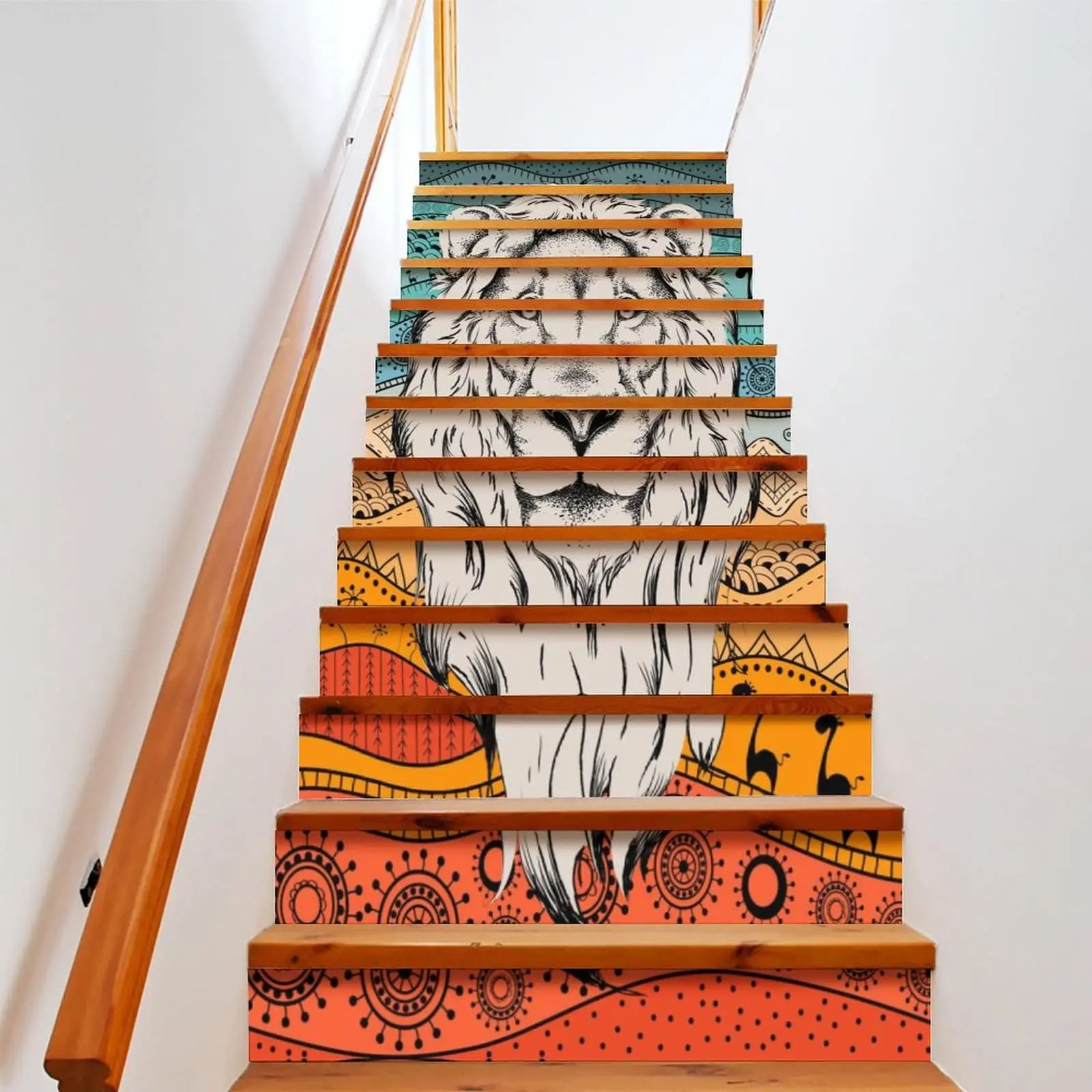 Lion Stair Stickers Watercolor Animal Stair Risers Decals Wildlife Staircase Murals Stickers for Home Steps Decor Self-Adhesive