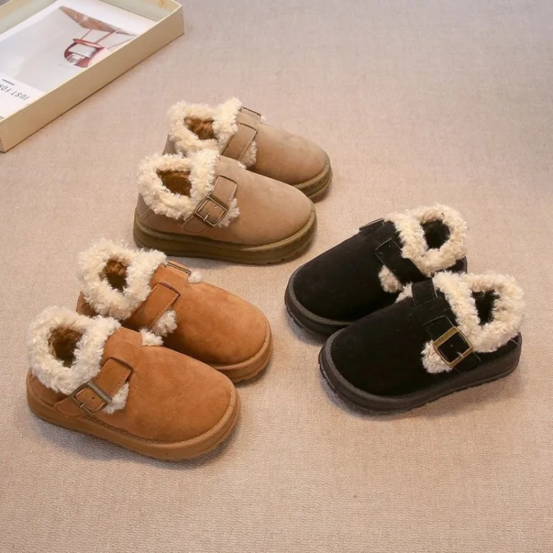 Boys and girls thick soled snow boots 2024 winter new item Boken buckle cotton shoes with thick velvet insulation shoes