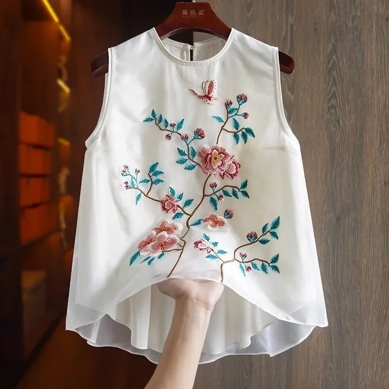 

Женский топ-жилет в китайском стиле с цветочной вышивкой, белая винтажная блузка без рукавов