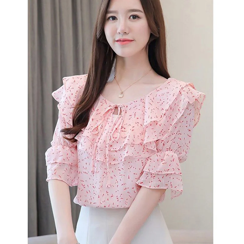 Sweet Loose Printed Spliced Folds Lace Up Bow Ruffles Blouse Female Clothing 2023 Summer New Casual Pullovers Office Lady Shirt