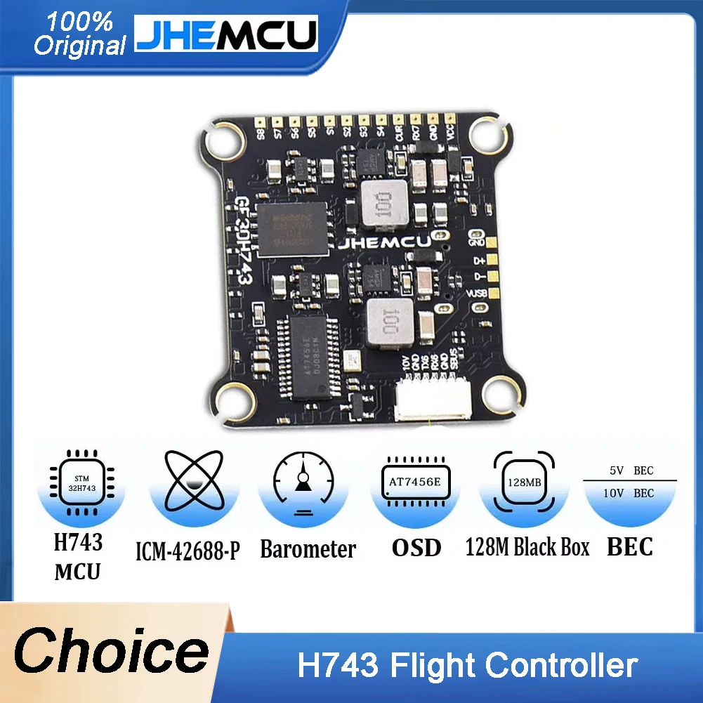 

JHEMCU GF30H743 Контроллер полета H743 480 МГц - ICM-42688-P ДВОЙНОЙ барометр OSD 128M BlackBox Dual BEC 3-6S Вход для FPV дронов